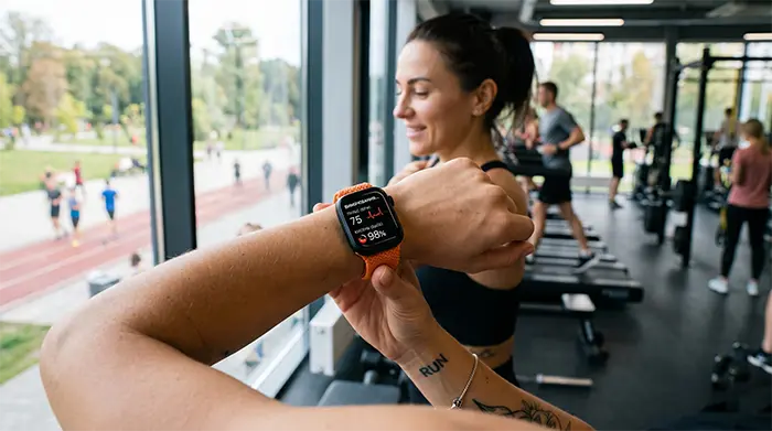 Процес вимірювання пульсу та рівня кисню в крові за допомогою смарт-годинника.